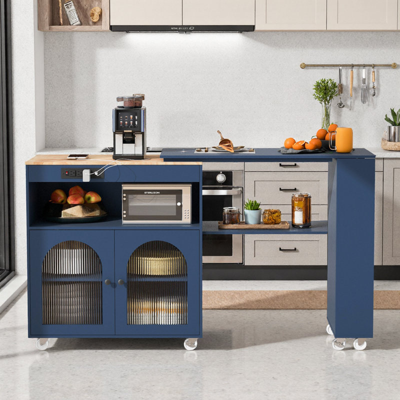 Îlot de cuisine Smart Navy avec table mobile, éclairage DEL et prises de courant