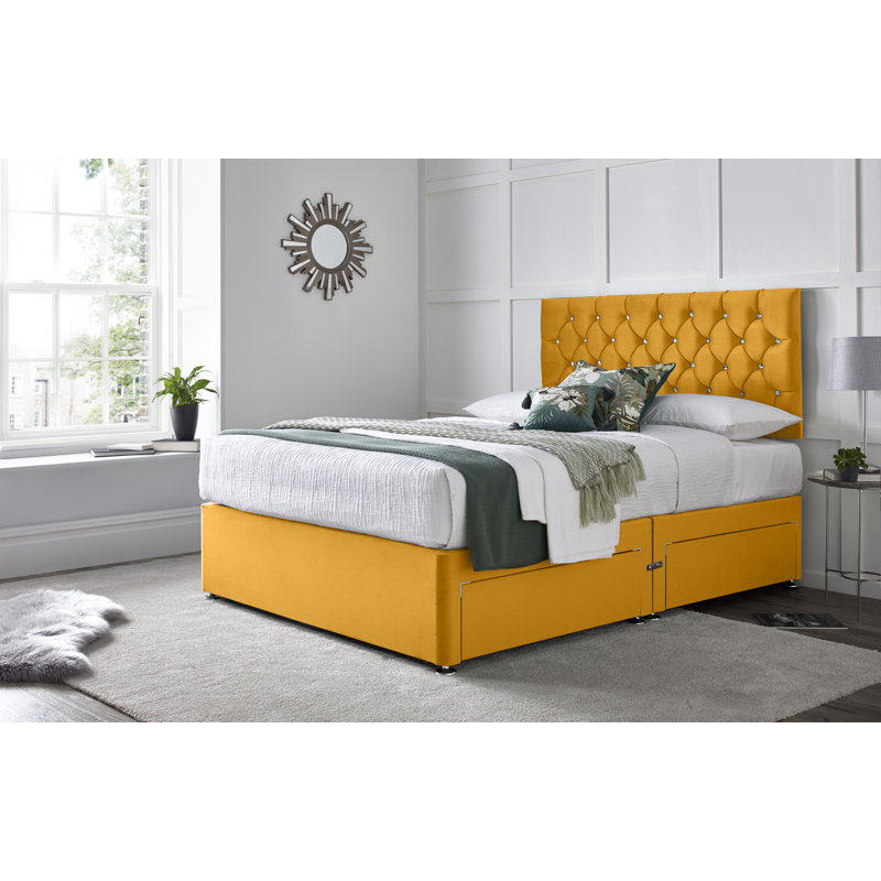 Crosslin Divan Bed with 24" Headboard on Struts, Mustard, Double (4'6), No Drawers