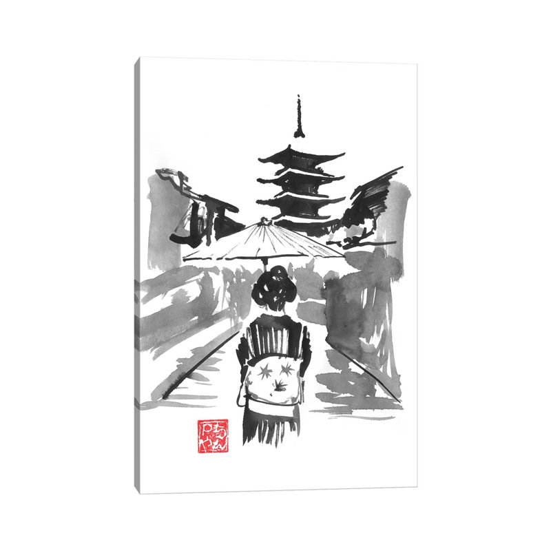 «Geisha and Pagode» par Péchane, reproduction d'art sur toile tendue, H 40 po x l 26 po x P 1,5 po