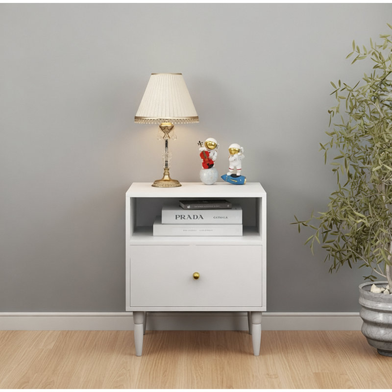 Table de chevet blanche moderne avec tiroir et tablette ouverte pour espaces compacts