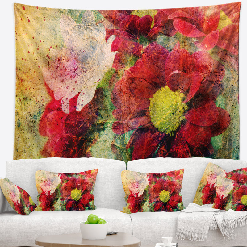 Tapisserie fleurs rouges et éclaboussures d'aquarelle, H 78 po x l 92 po