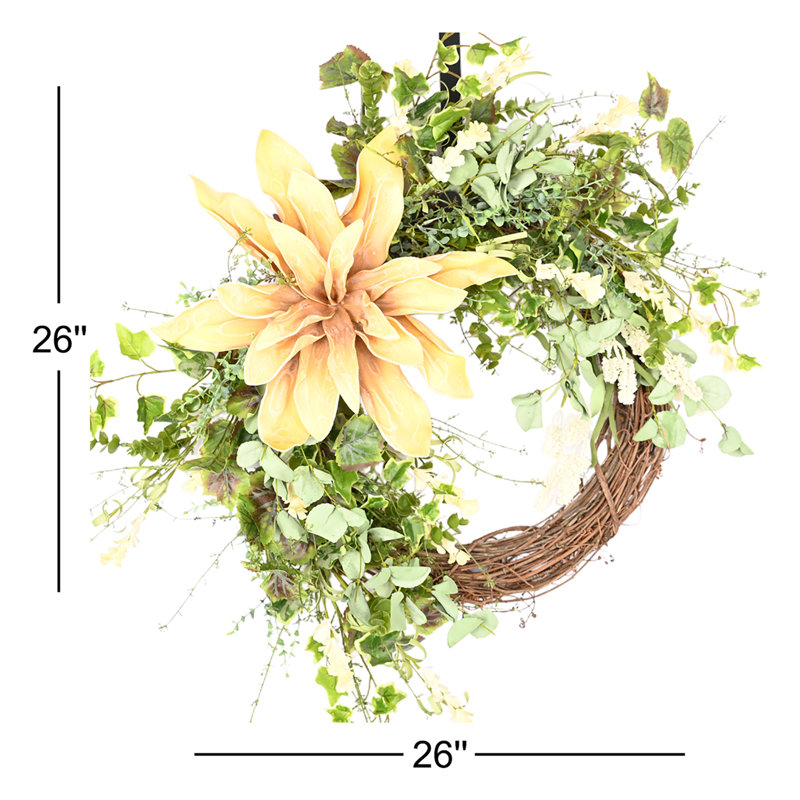 26" Spring Summer Front Door Floral Wreath, Yellow/Green