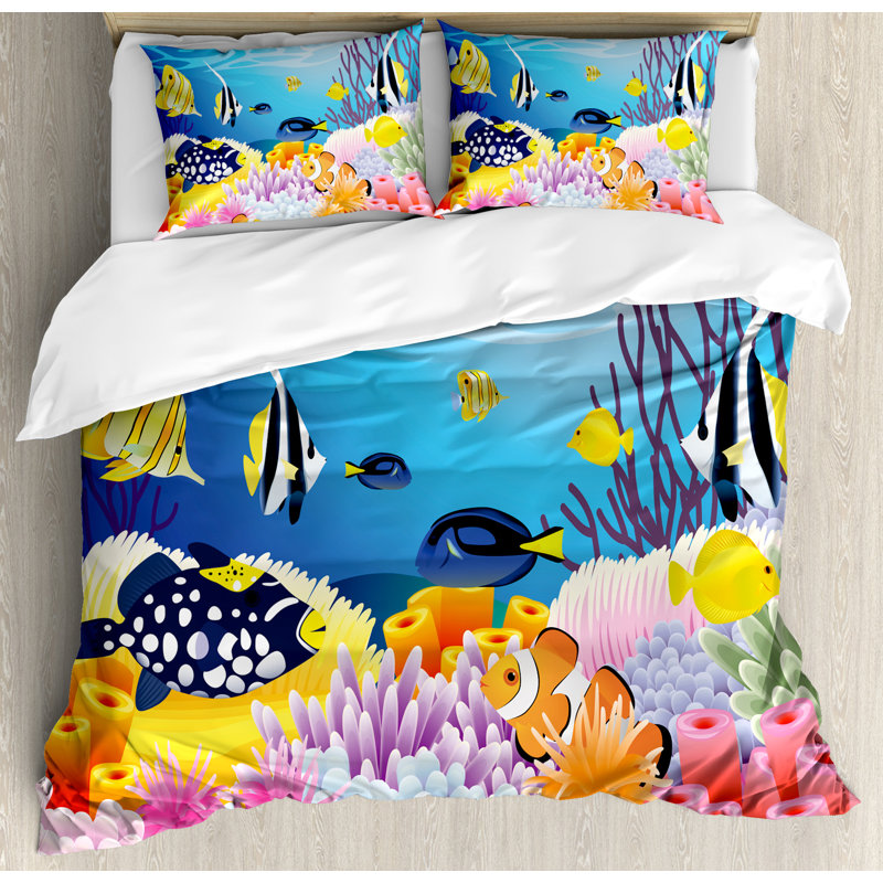 Ocean Life Multicolor Microfiber Queen Duvet Cover Set