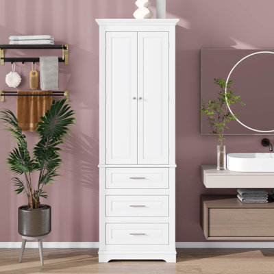 Tall Storage Cabinet With 3 Drawers, 3-Tier Adjustable Shelves & 2 Doors, Floor Freestanding Linen Cabinet For Bathroom/Office
