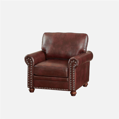 Fauteuil de salon simple avec pieds en bois et similicuir bourgogne