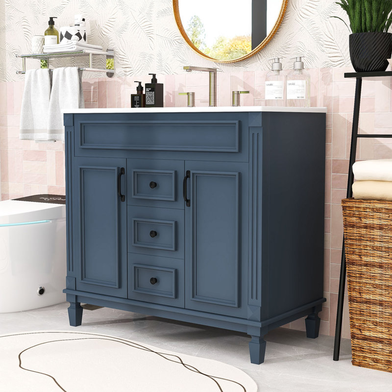 Modern Bathroom Vanity with Top Sink, Storage Cabinet with Soft Closing Doors and Drawers, Blue