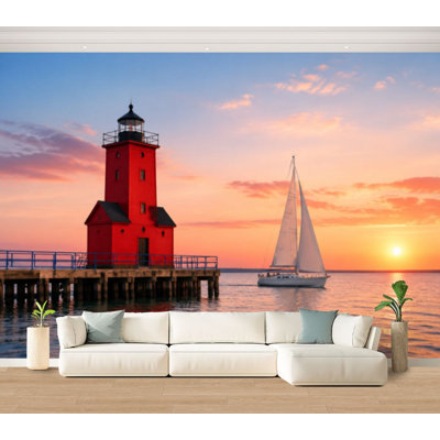 Wall Mural Peel and Stick Wallpaper red lighthouse sailboat Self-Adhesive Removable Contact Paper Wall Decor for Living Room Bedroom 100"H x 144"W