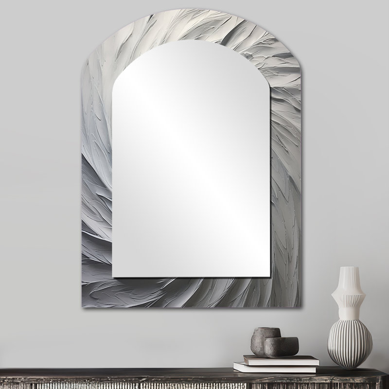 White Majestic Motion - Abstract Spirals Asymmetrical Decorative Wall Mirror, Modern Arch Mirror, Printed Metal Art