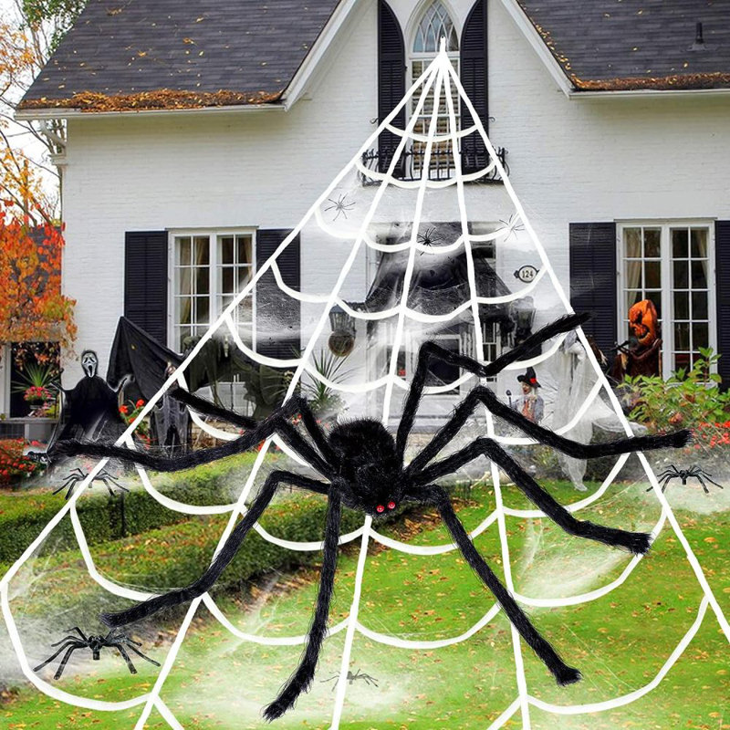 200" Halloween Spider Web + 79" Giant Spider Decorations Fake Spider With Triangular Huge Spider Web For Indoor Outdoor Halloween Decorations Yard