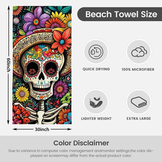  Microfiber Beach Towel Lightweight Travel Towel, Absorbent No Fade,30"x60",Black Tropical Hibiscus