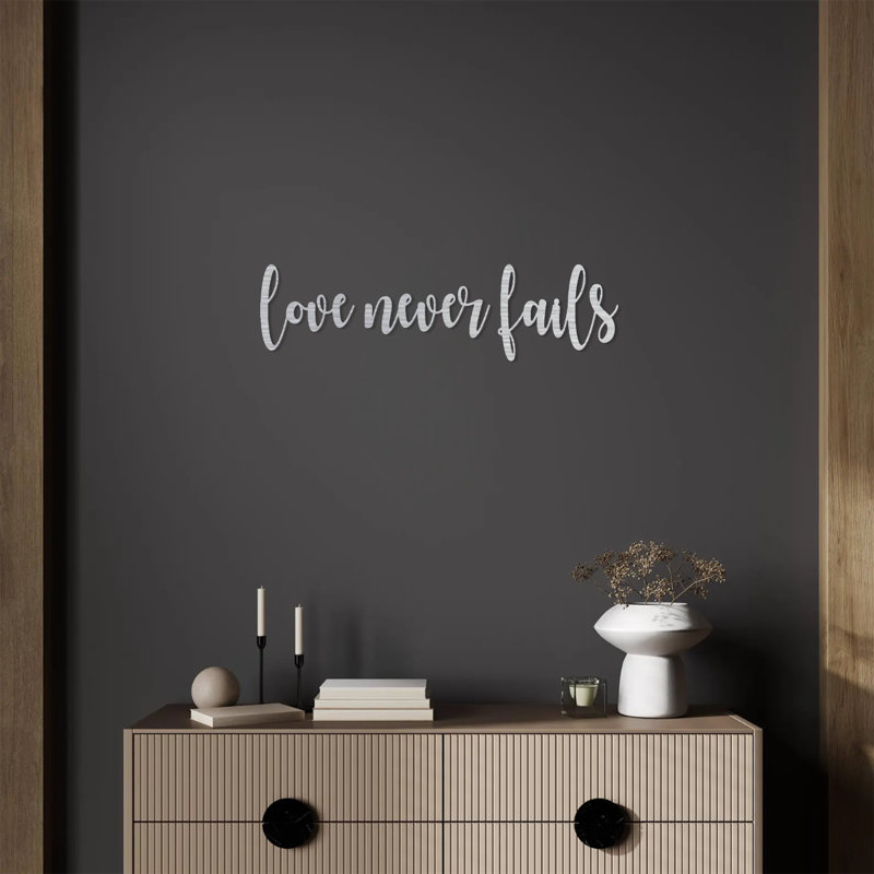 «Love Never Fails», art mural, 6.5" H x 24" W x 1" D, Blanc
