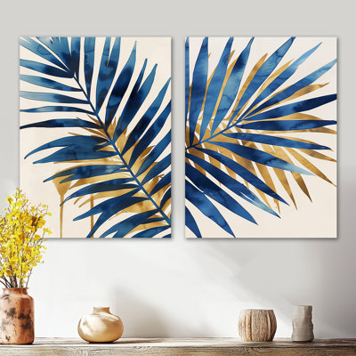 «Blue and Gold Palm Tree Leaves I - Tropical», ensemble de 2 grandes impressions murales en métal