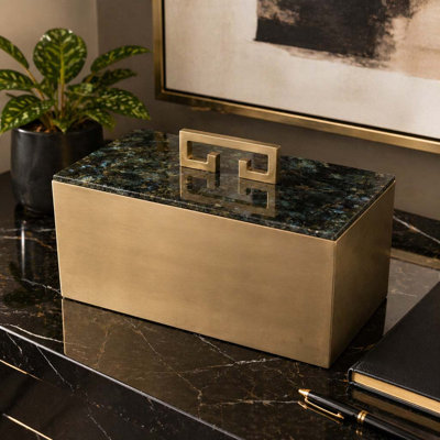 Boîte décorative contemporaine en pierre avec couvercle de bureau - Élégante boîte de rangement pour souvenirs, idéale pour une console d'entrée - 30 cm, noir et or