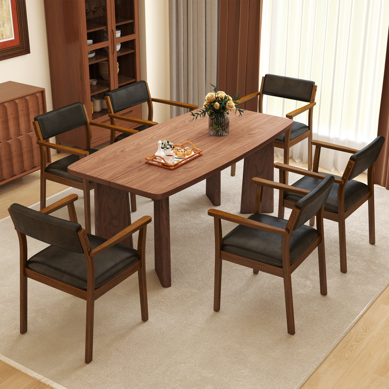 Mid Century Dining Table Set, Brown, 7 Pieces: Table, 6 Chairs