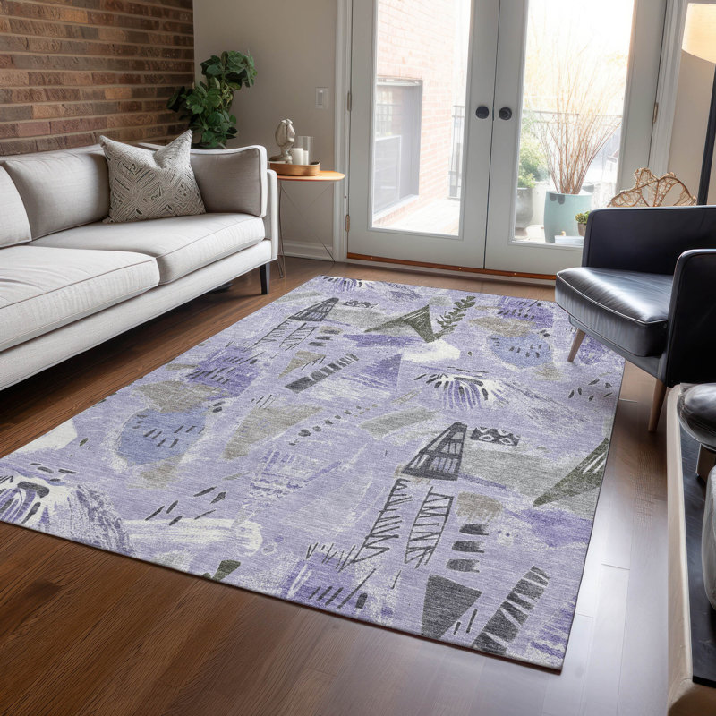 Lavender Abstract Pattern Washable Synthetic 5' x 7' Rug