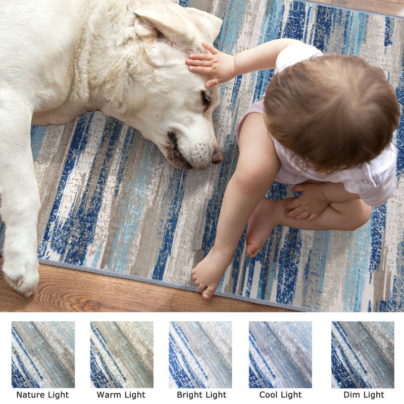 Area Rugs Washable Non Slip Rug With Rubber Backing for Living Room Bedroom, Blue/Beige/Brown, Rectangle 8' x 10'