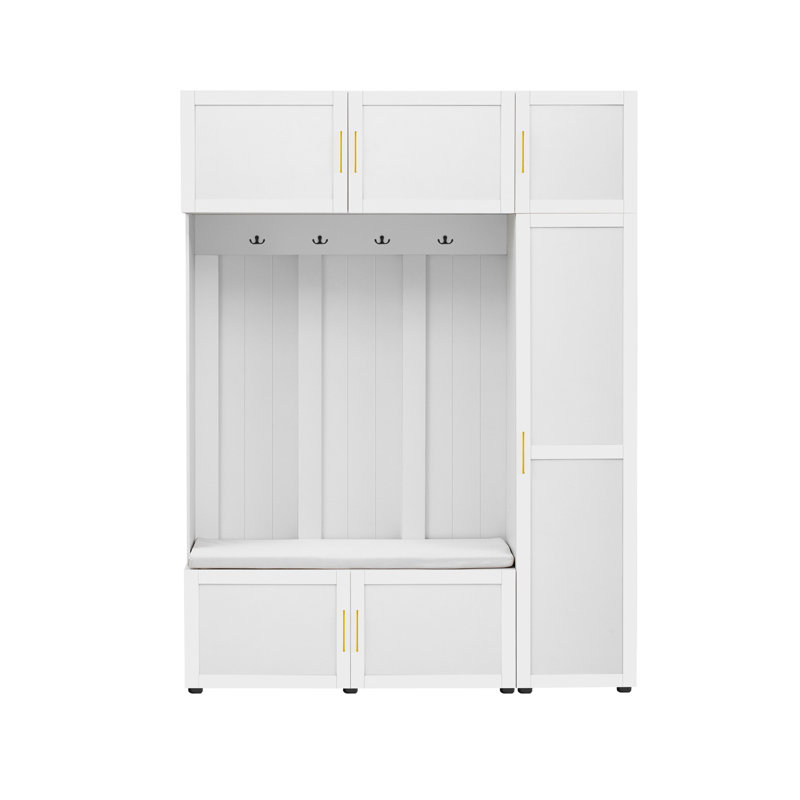 U-Can American Style 4-in-1 Hall Tree with Padded Bench, 4 Hooks, and Multi-Tier Storage Shelves, Ancient White