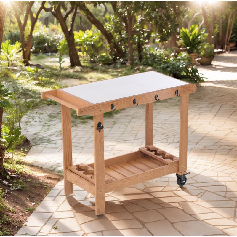 Table de chariot d'extérieur en bois avec roulettes, plateau en métal et rangement, pour barbecue de jardin