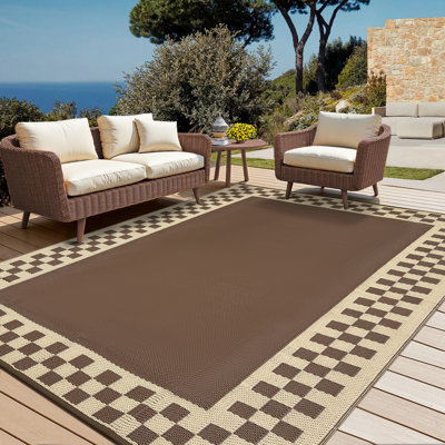 Tapis d'extérieur imperméable et réversible - Tapis de patio moderne en plastique à paille géométrique, pliable, portable, facile à nettoyer pour le jardin, la terrasse, le balcon, le café brun pivoine, 8 x 10 pi (24 x 305 cm)