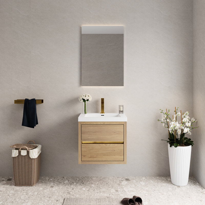 Meuble-lavabo mural de 24 po avec comptoir en résine de pierre et mécanisme de tiroir à fermeture en douceur, bois d'ingénierie entièrement assemblé dans une teinte chêne, amplement d'espace pour les produits, profondeur de produit 23,53, paquet de 31,5