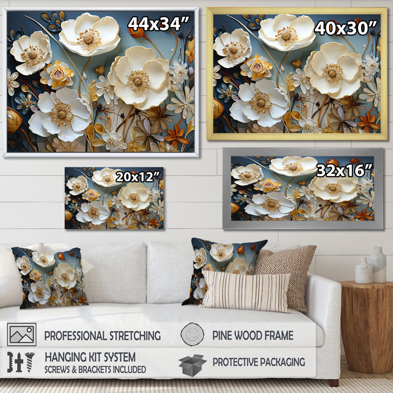 Jaune et gris coquelicots, art liquide - art floral sur toile, Cadre d'angle fermé blanc, H 12 po x l 20 po x P 1 po
