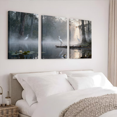 «Misty Swamp Heron Scene», ensemble de 3 reproductions d'art sur toile tendues sur toile