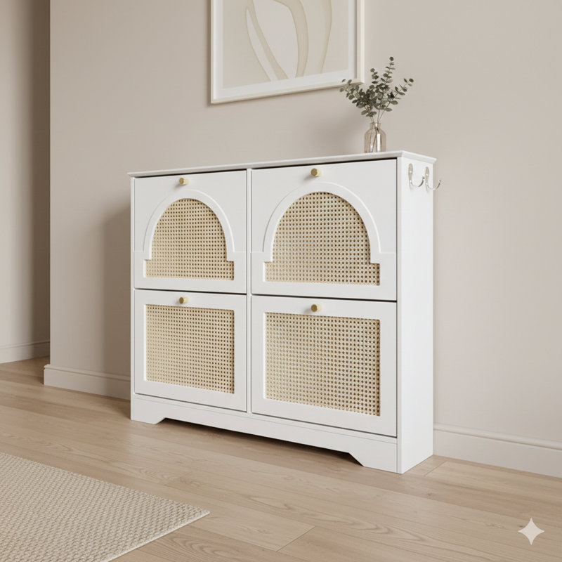 Mid-Century Inspired Narrow Shoe Cabinet With Four Flip-Up Doors, Elegant Entryway Organizer With Four Rattan Front Panels, Freestanding Unit With Two Silver Hooks For Hallways, White, Width: 42.1 Inches