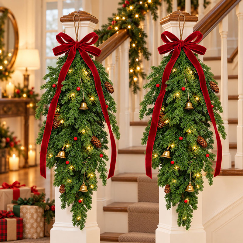 2-Pack 35.43" Lighted Norfolk Pine Christmas Teardrop Swags