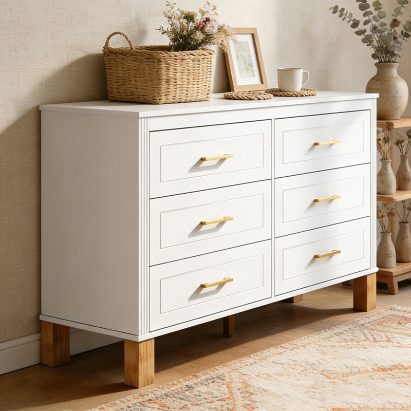 Modern Storage Cabinet with Metal Handles & Solid Wood Legs, White