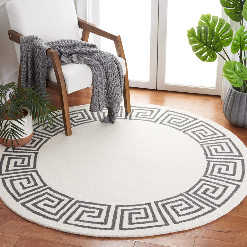 Dormeus Hand Tufted Wool/Cotton Greek Key Border Rug in Ivory/Gray, Round 6'