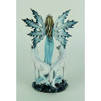 Fantasy blue winter fairy resin statue with snowflake wings and white wolves, 9.75 inches high