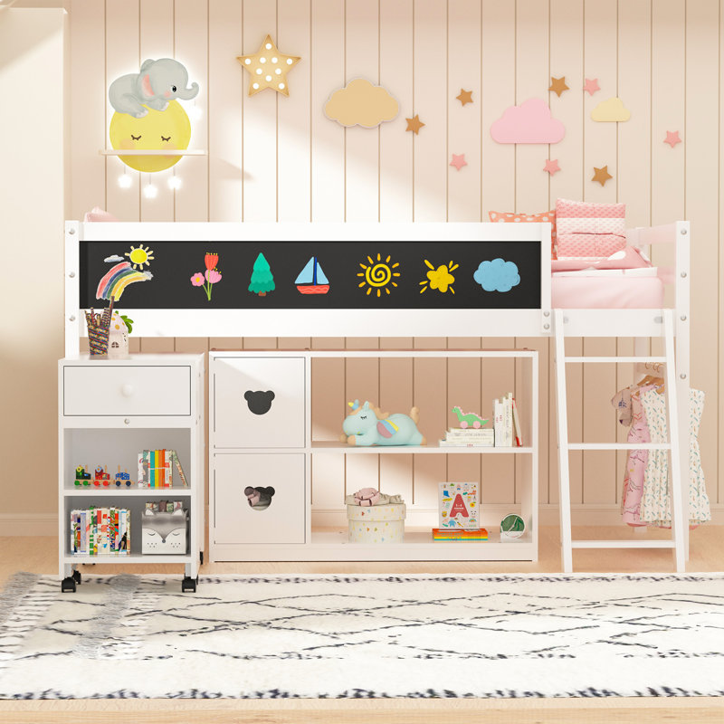 Twin Size Low Loft Bed with Desk & Storage, White