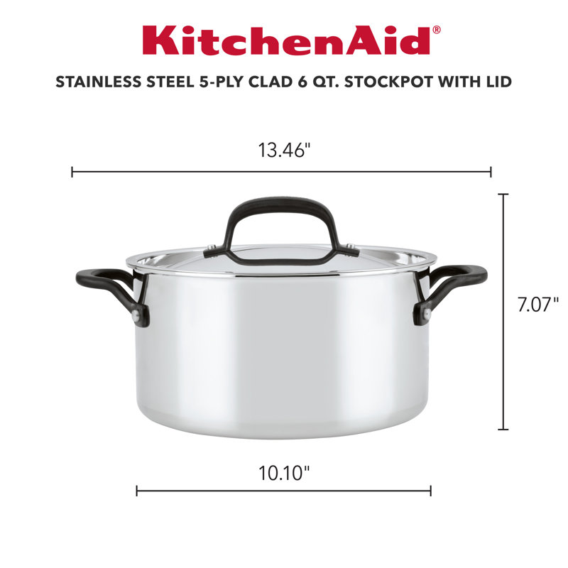 KitchenAid 5-Ply Clad Stainless Steel Induction Stockpot with Lid, 6 Quart