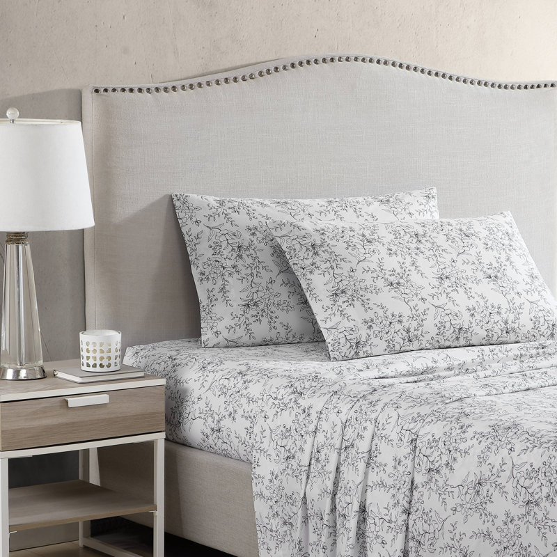 Hawley Floral White Cotton Percale Queen Sheet Set