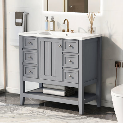 Meuble-lavabo de 36 po avec lavabo en céramique élégant, une armoire, trois tiroirs, meuble-lavabo en bois d'hévéa massif et peint en gris, style autoportant, installation encastrée, tablette centrale réglable