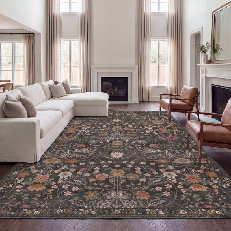 Primrose Art Nouveau Floral Border Machine-Washable Rug, Rectangle 4' x 6', Taupe/Multi