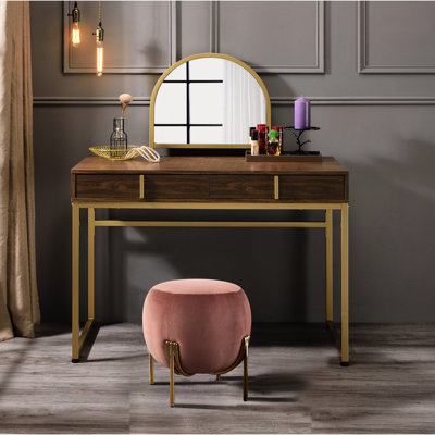 Bureau de meuble-lavabo rectangulaire en noyer et doré avec structure en métal, miroir inclus, plateau à bijoux, 2 tiroirs de rangement, panneau de particules et design, miroir couleur haute de 50 po, formation, profondeur de 19 po