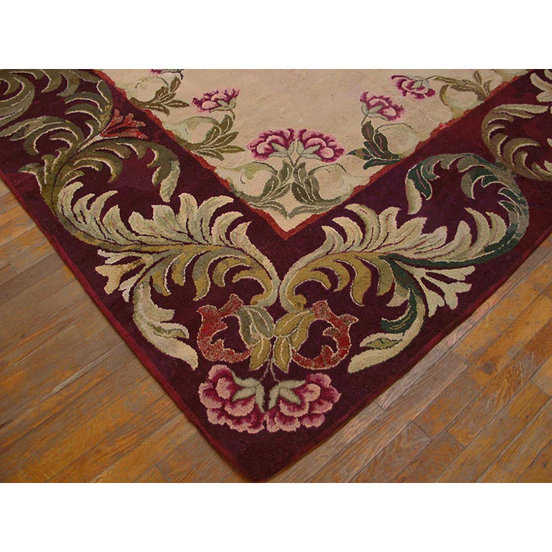 Antique Cream Color Field European Floral Pattern American Hooked Rug
