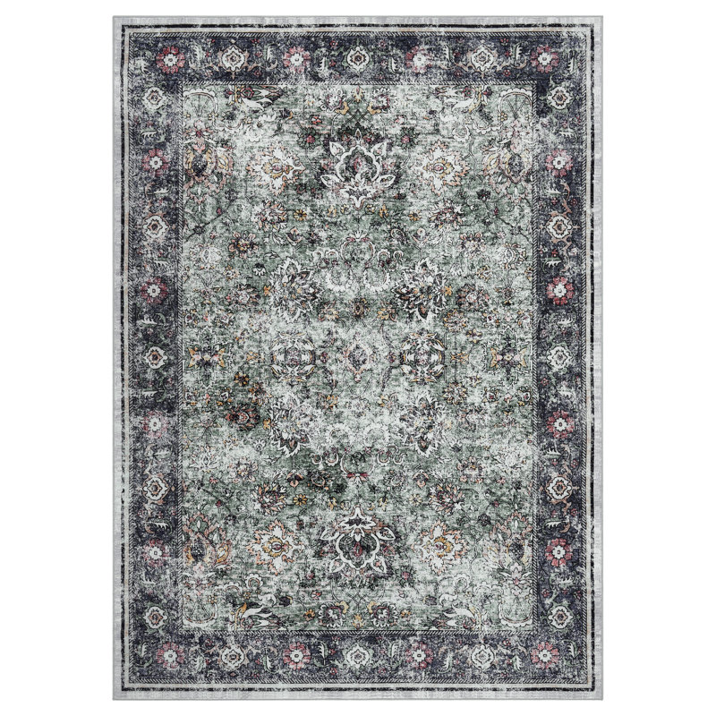 Vintage Washable Area Rug Distressed Floral Non-Slip Carpet Thin Collapsible Traditional Mat for Living Room Bedroom Kitchen Vintage Accent