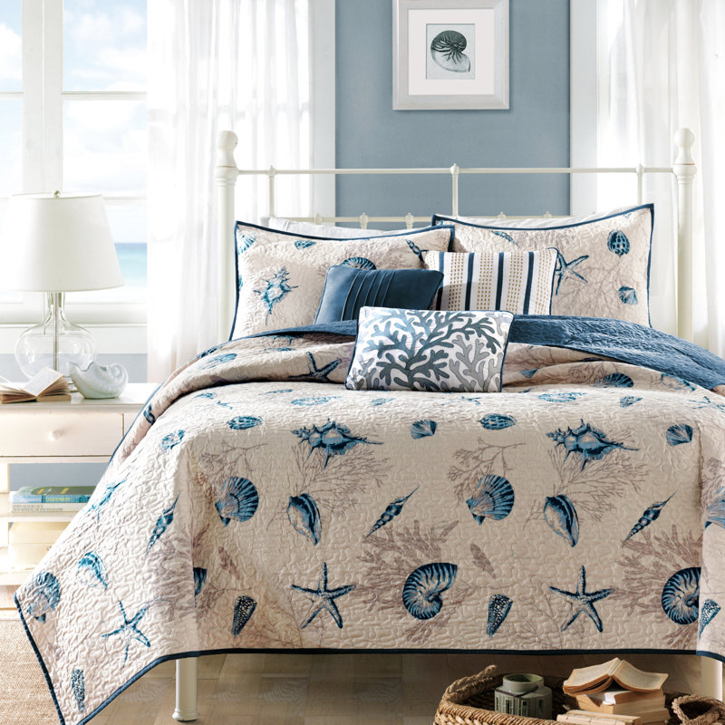 Literie Coastal pour lit simple - Collection de courtepointe en microfibre bleue avec coussins simple / simple TG