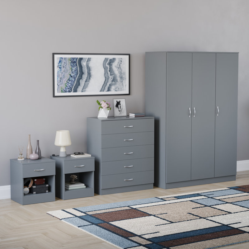 Tayce 4 Piece Bedroom Set (1 Drawer Bedside Chest X2, 5 Drawer Chest, 3 Door Wardrobe), Grey