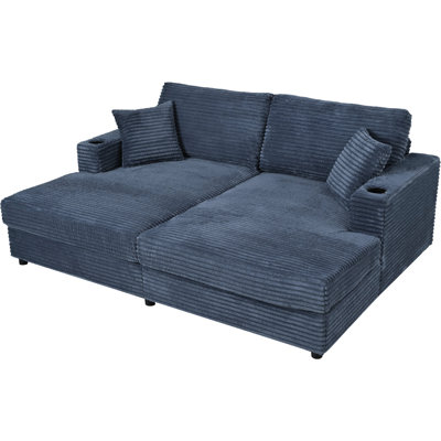 Méridienne 86,5 po en velours côtelé bleu avec deux ports, porte-gobelets et coussins captivants pour les grands espaces modulaires de décoration intérieure, les aires de repos pour boissons et l'espace de vie élégant et moelleux