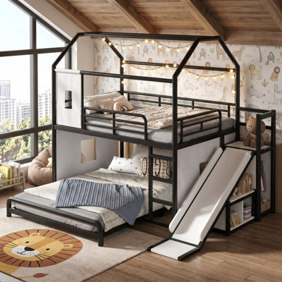 Lit superposé pour enfant avec glissade incurvée, bande lumineuse à DEL, rideau d'intimité et armoire de rangement mobile AVELOR Playhouse