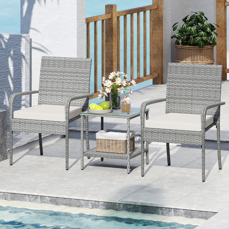  3 Pieces Patio Furniture Set PE Rattan Porch Chairs w/ 2-Tier Table White, White