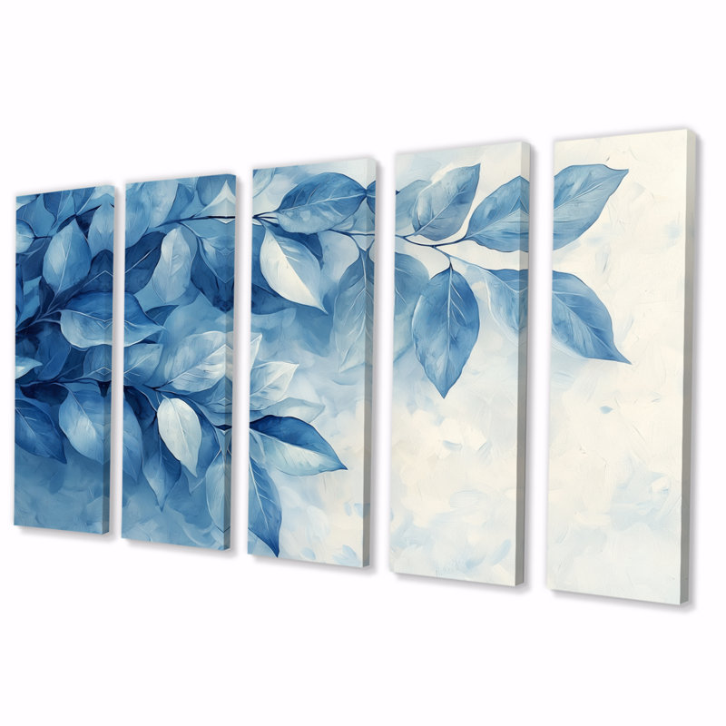 «Soft Leaves In Hazy Blues Watercolor II», art mural plantes - ensemble d'art mural Tradition, H 28 po x l 60 po, 5