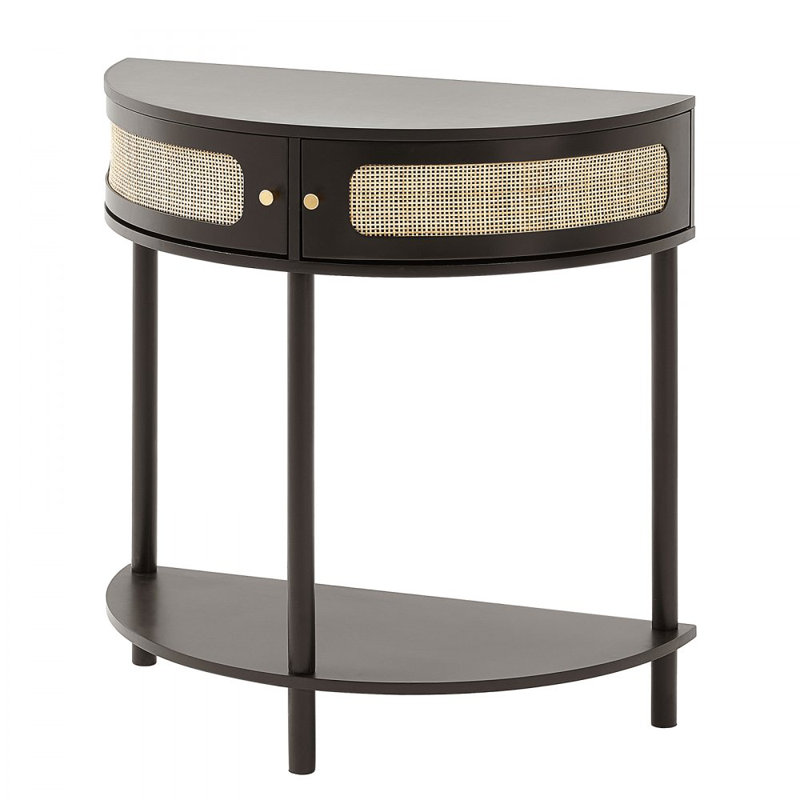Half-moon Rattan Console Table 2 Storage Drawers 31.88x15.74x32.28inch Rattan Sliding Door Black, Rattan Entryway Table with Storage