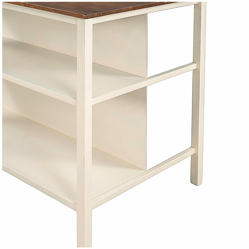 45-inch solid wood country style fixed kitchen island, rubberwood cutting board dining island, with 2 open shelves, walnut+cream white