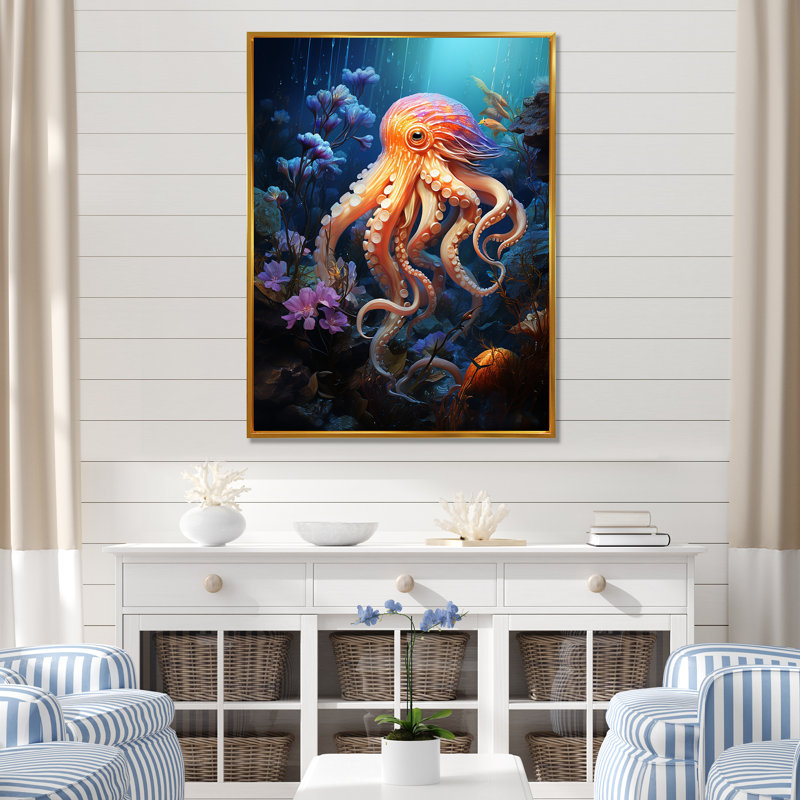 Impression sur toile Popup Octupus, Cadre flottant doré, H 20 po x l 12 po x P 1 po