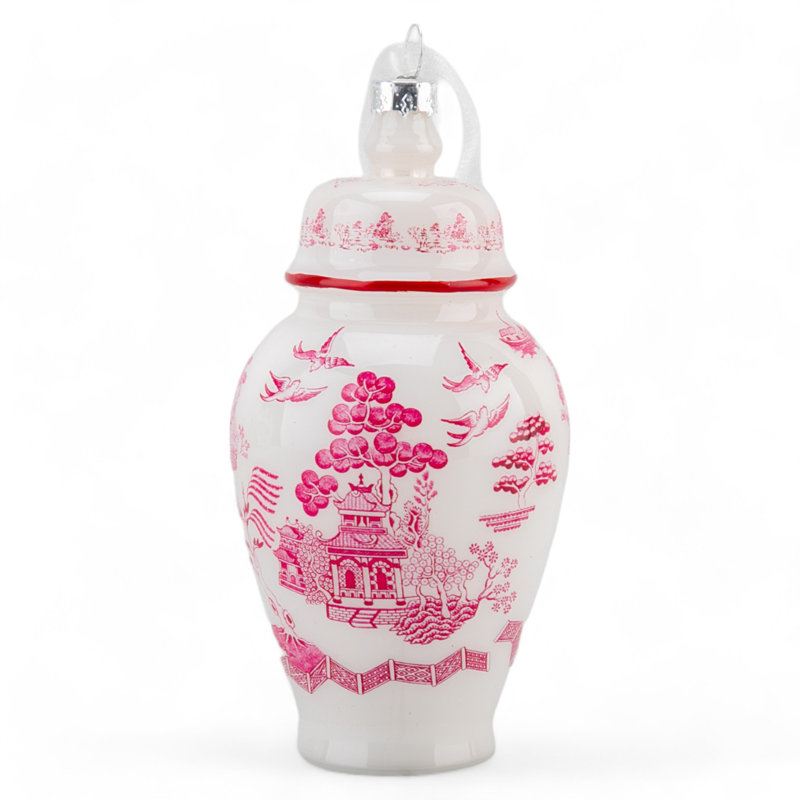 Ginger Jar Blue Glass Ornament, White/Pink