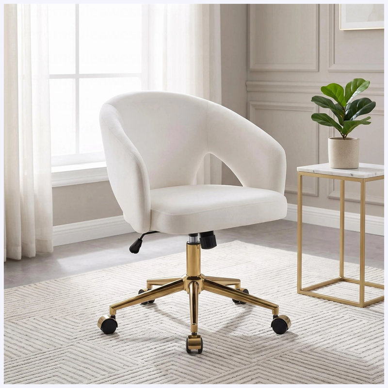 Fauteuil de bureau ergonomique blanc réglable avec base dorée, fauteuil pivotant avec dossier pour bureau à domicile, chambre, longues heures d'assise